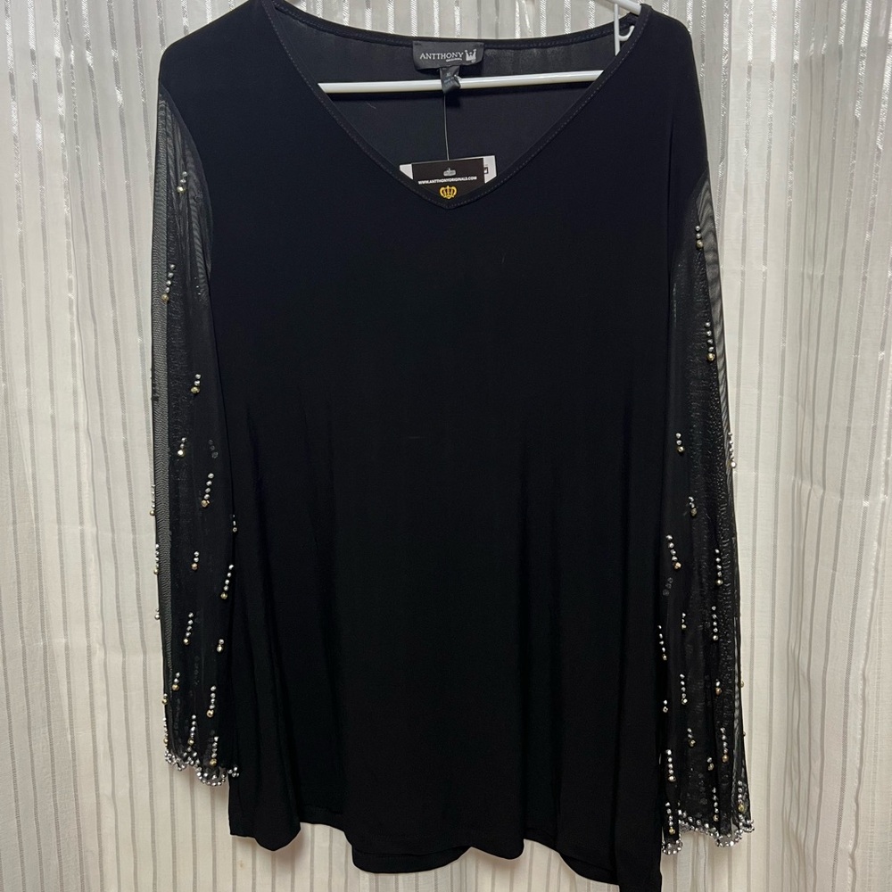 “Anthony’s Original” SZ (XL) Black Sequence Sheer Sleeves Pant Suit NWT “HSN”